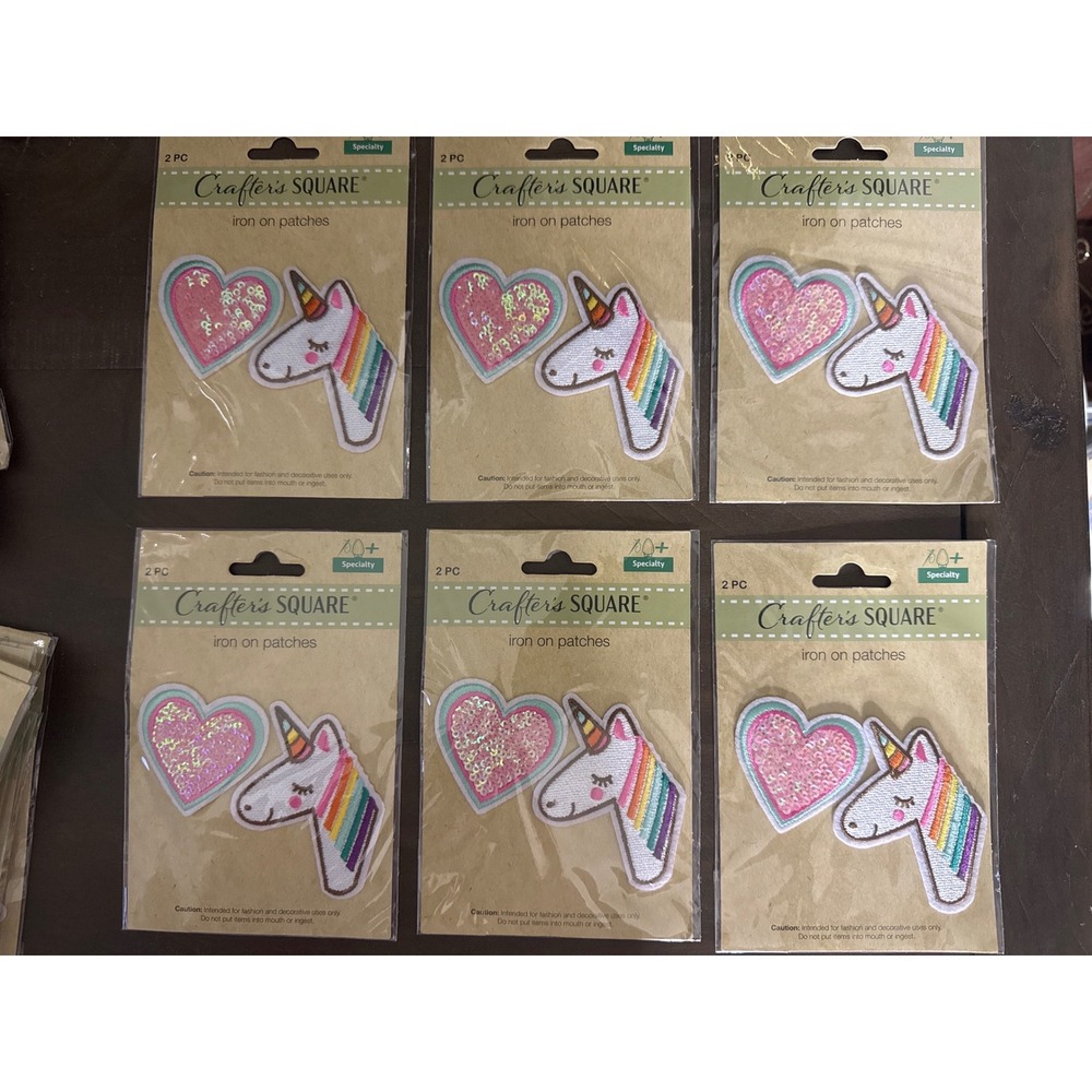 Crafter's Square 6 Pack Unicorn and Sequin Heart Iron On Patches Rainbow Pink